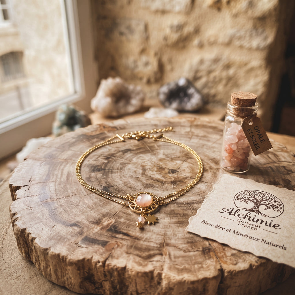Bracelet Pierre de Lune Double Chaîne Acier – Breloques Étoiles
