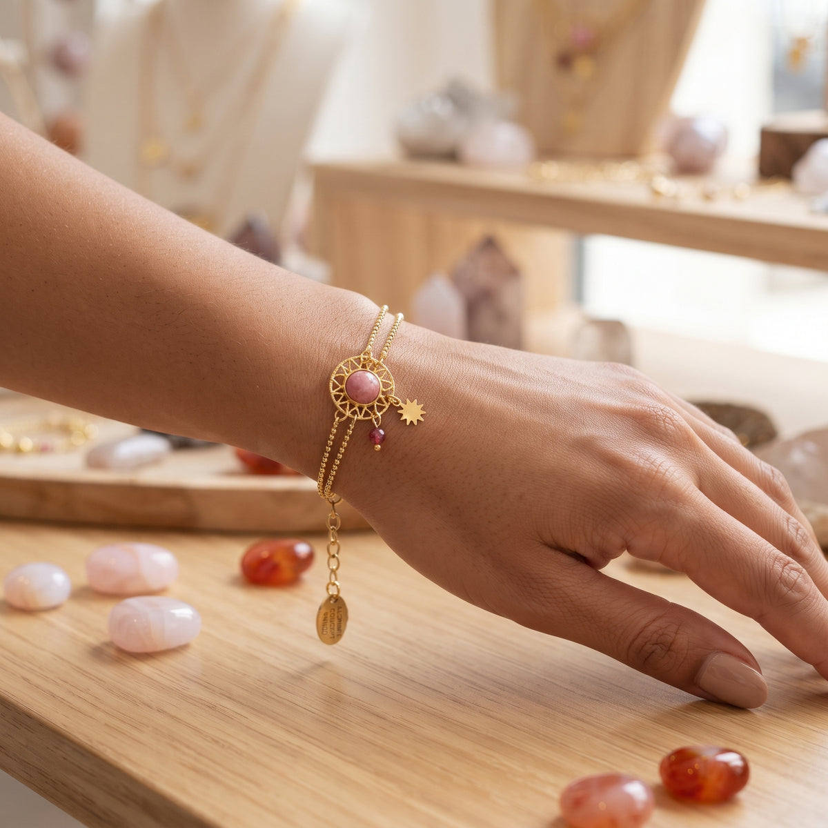 Bracelet Rhodonite Double Chaîne Acier – Breloques Étoiles