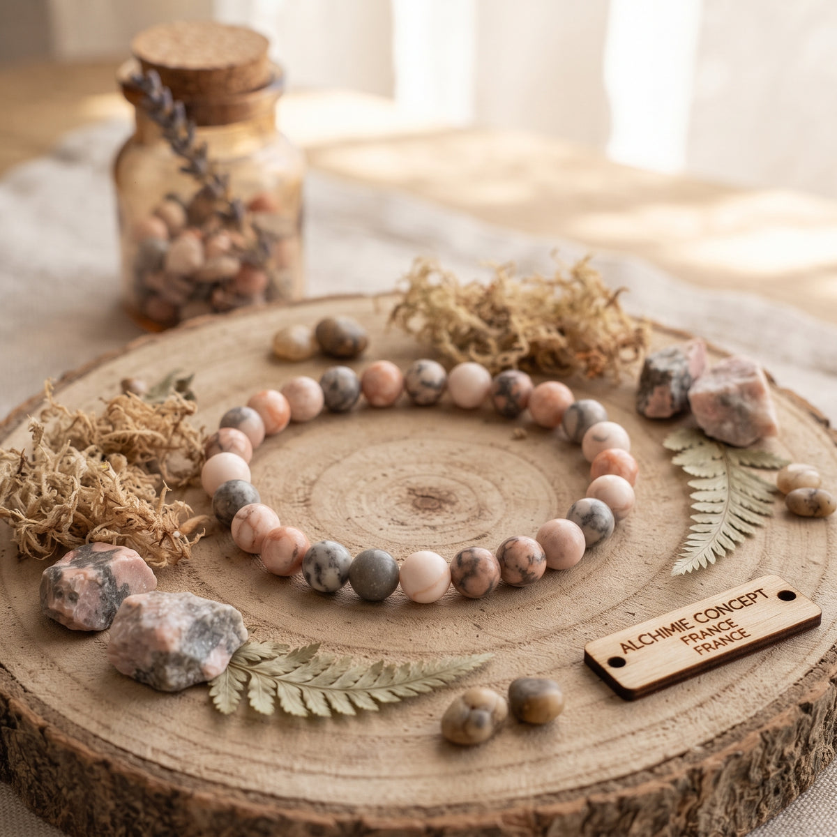 Bracelet Pierre Naturelle Jaspe Zébré Rose 10 mm – Homme & Femme