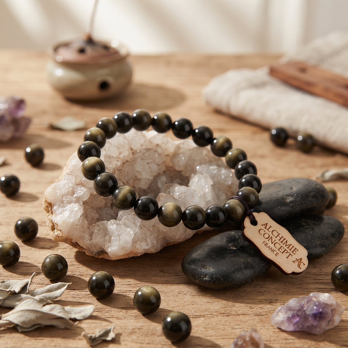 Bracelet Obsidienne Pierre Naturelle 10 mm – Élastique Unisexe
