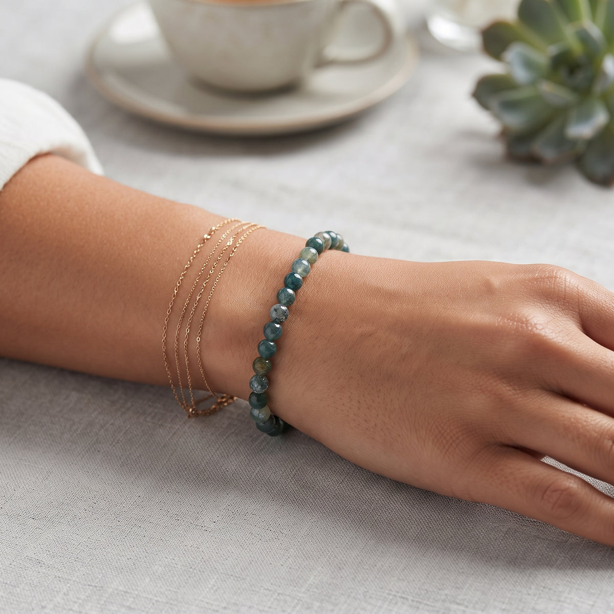 💚 Bracelet Femme Perles Agate Verte Naturelle 4mm | Élastique | Lithothérapie & Élégance