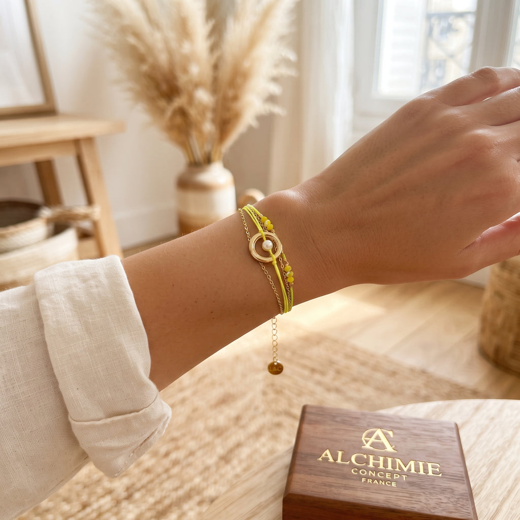 Bracelet Acier 316 Pierre Naturelle – Fil Nylon Vert & Jaune