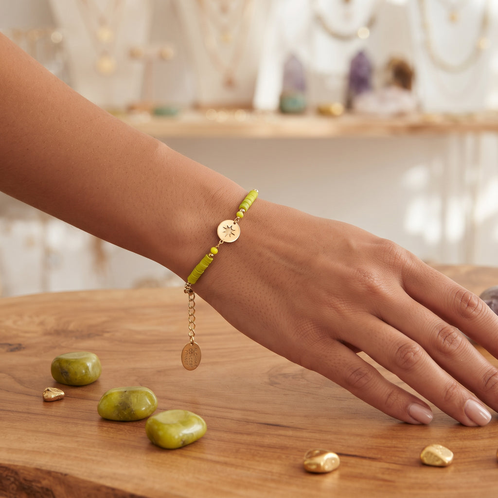 Bracelet Acier Cristal Étoile Vert – Pierres Naturelles 10 mm