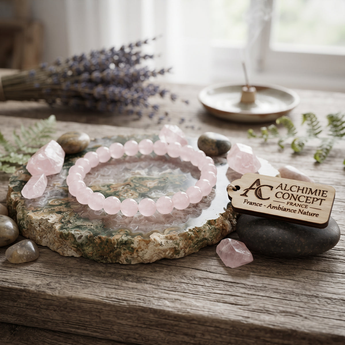 Bracelet Quartz Rose Pierre Naturelle 10 mm – Élastique Unisexe