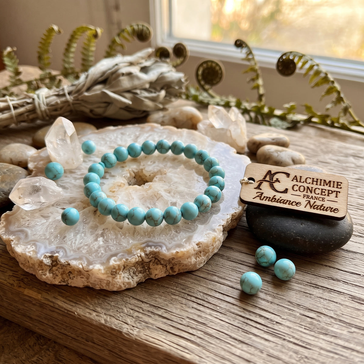 Bracelet Turquoise Pierre Naturelle 10 mm – Élastique Unisexe