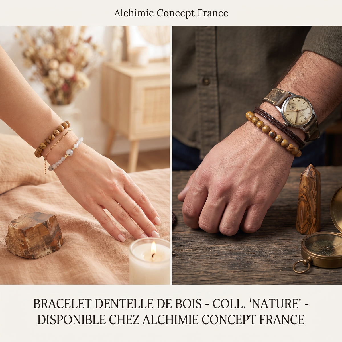 Bracelet Dentelle de Bois 6 mm – Pierre Naturelle Élastique