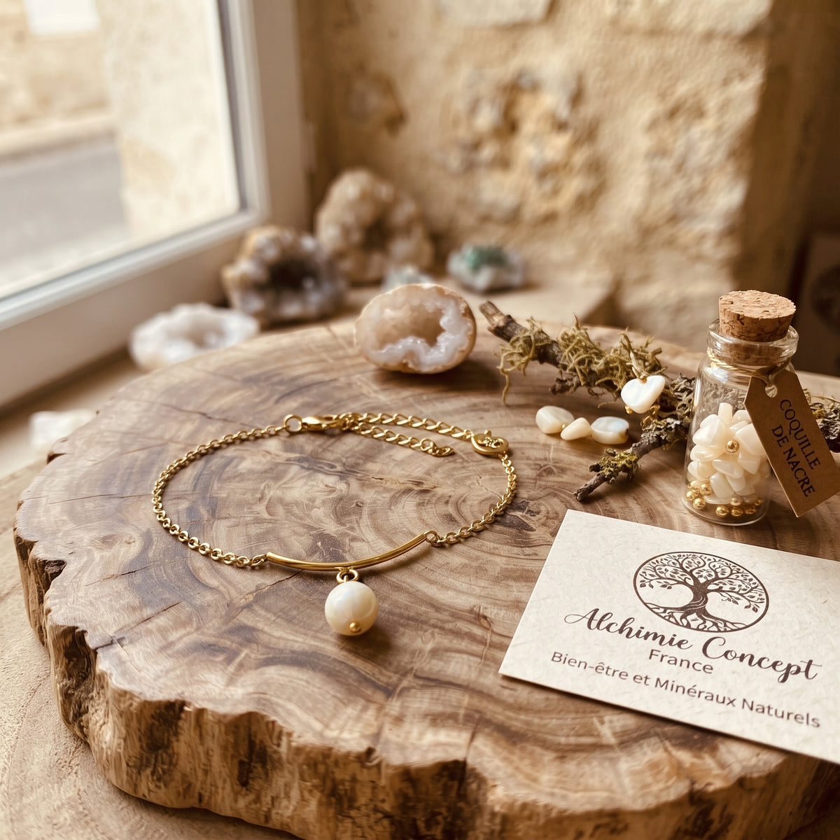 Bracelet Maille Forçat Acier Doré – Coquille de Nacre