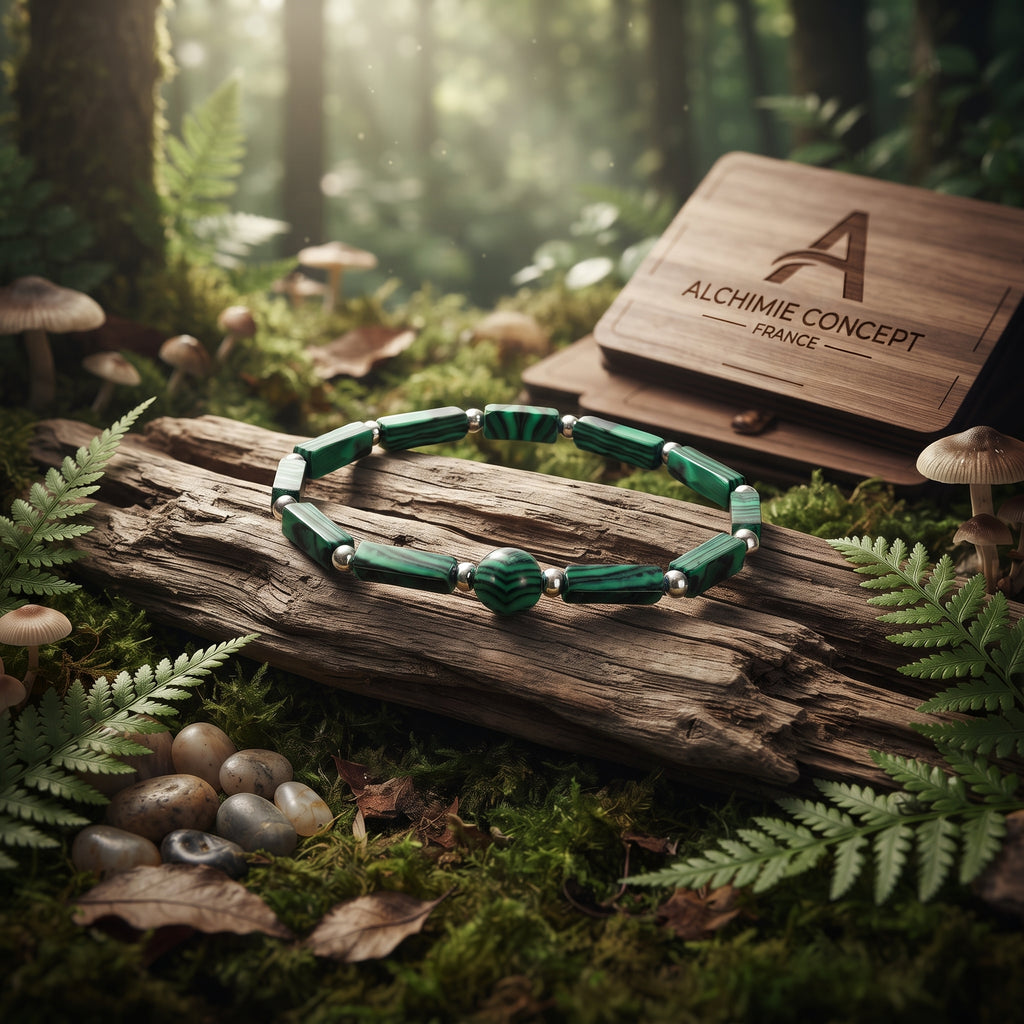 Bracelet Femme Malachite Rectangulaire & Acier Inoxydable – Design Géométrique Minimaliste