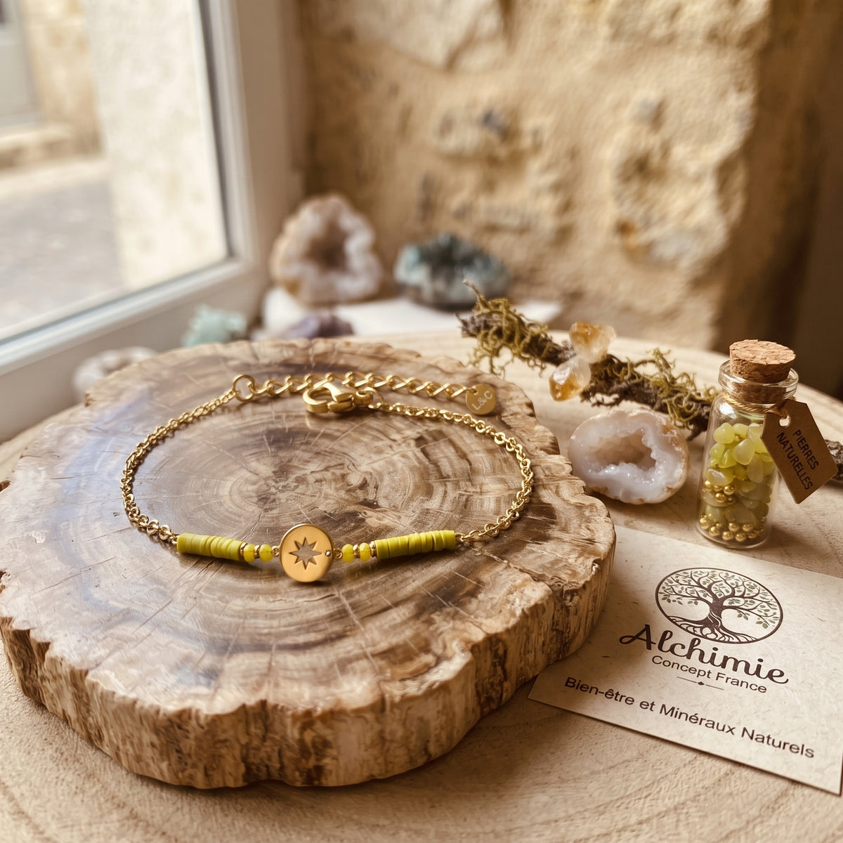 Bracelet Acier Cristal Étoile Vert – Pierres Naturelles 10 mm