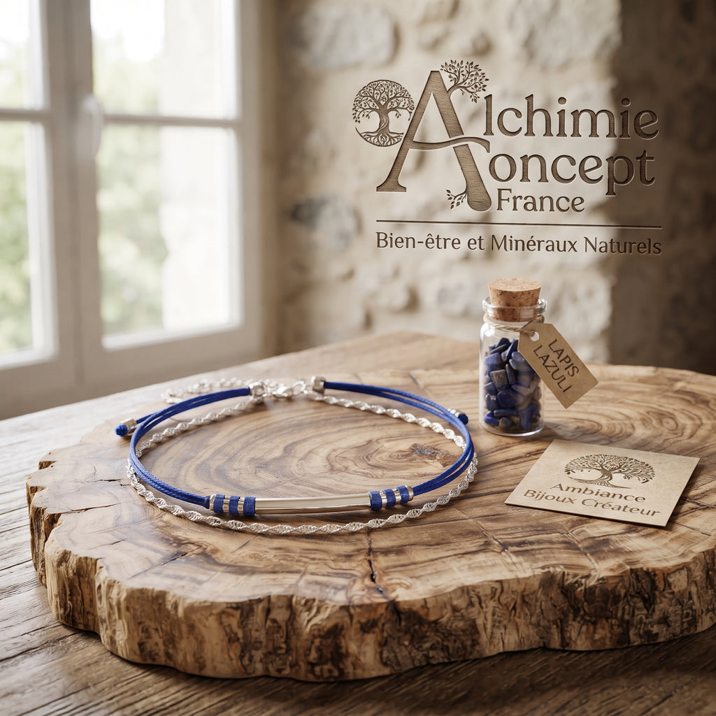 Double Bracelet Cordelette Bleue & Chaînette Argentée – Lapis Lazuli & Tube Argenté