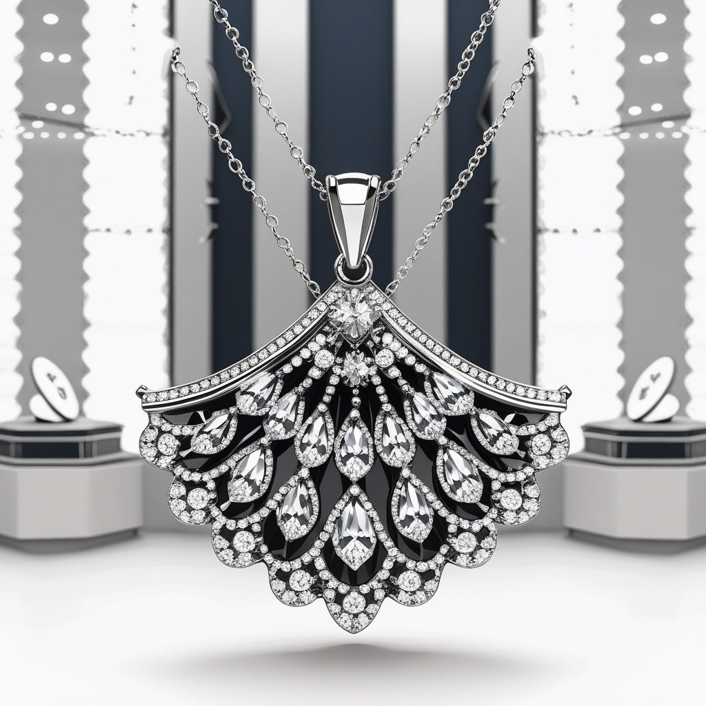 Collier Argent 925 Pendentif Éventail Zirconiums Sertis – Chaîne 45 cm