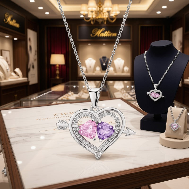 Collier Argent 925 Pendentif Cœur Zirconiums Rose & Mauve – Chaîne 45 cm