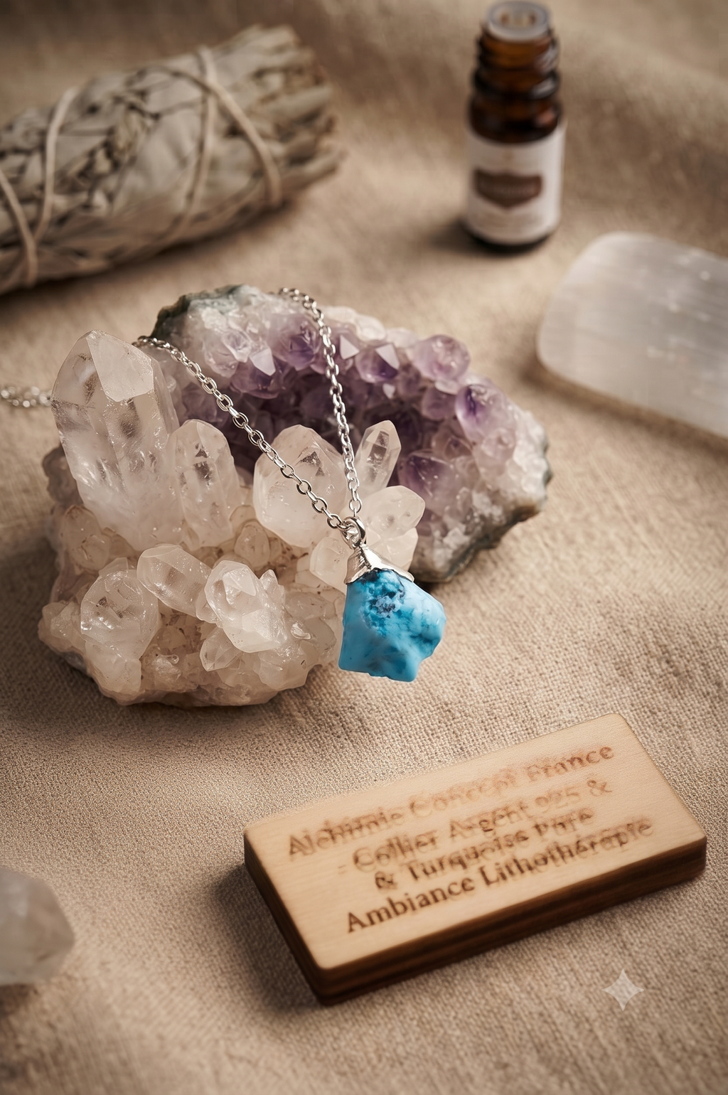 ✨ Collier Argent 925 Poinçon | Cristal Sauvage – Turquoise Naturelle Brute – Protection, Communication & Âme Libre