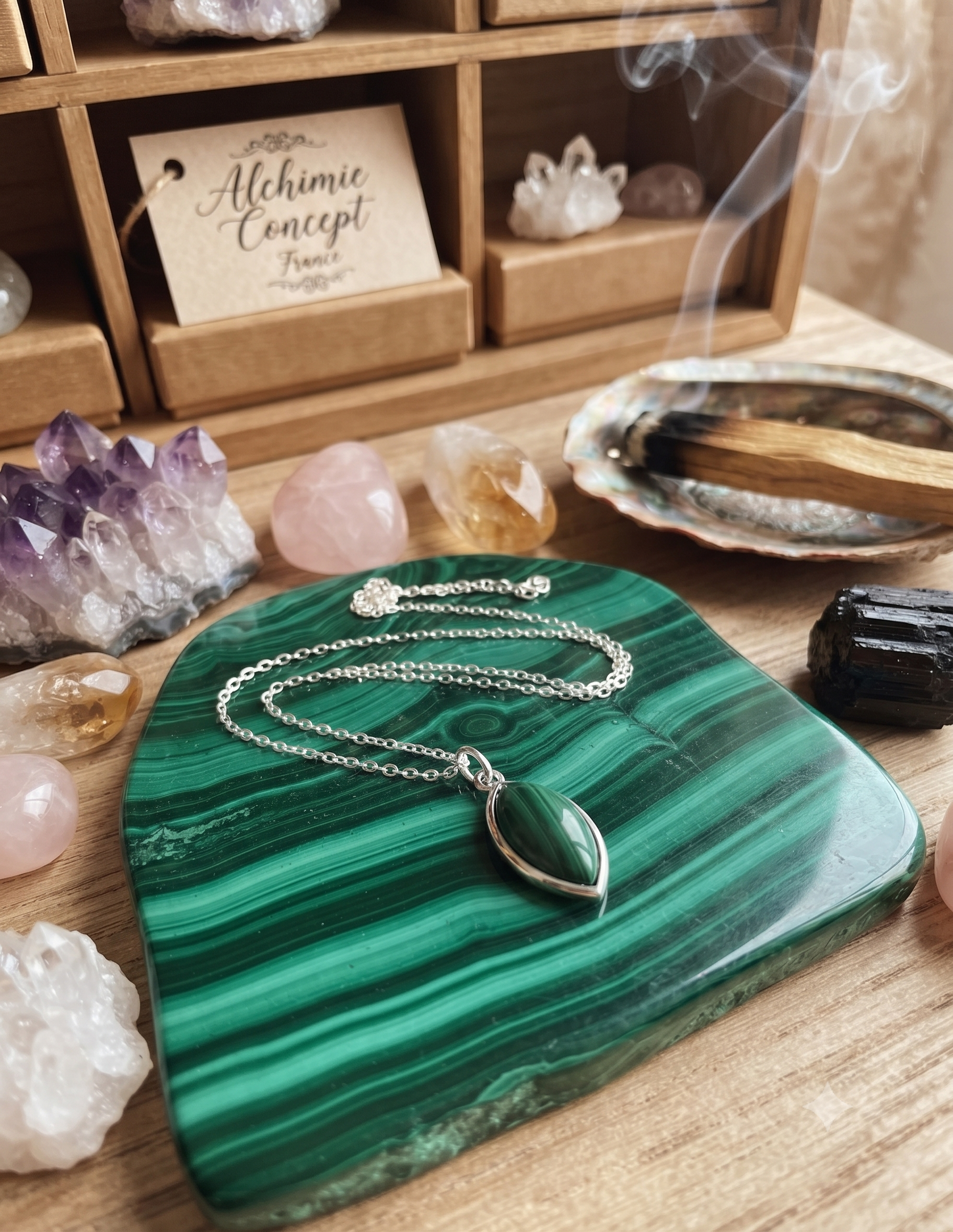 ✨ Collier Argent 925 Poinçon | Larme Argentée – Malachite Naturelle – Transformation, Protection & Tourbillons Verts
