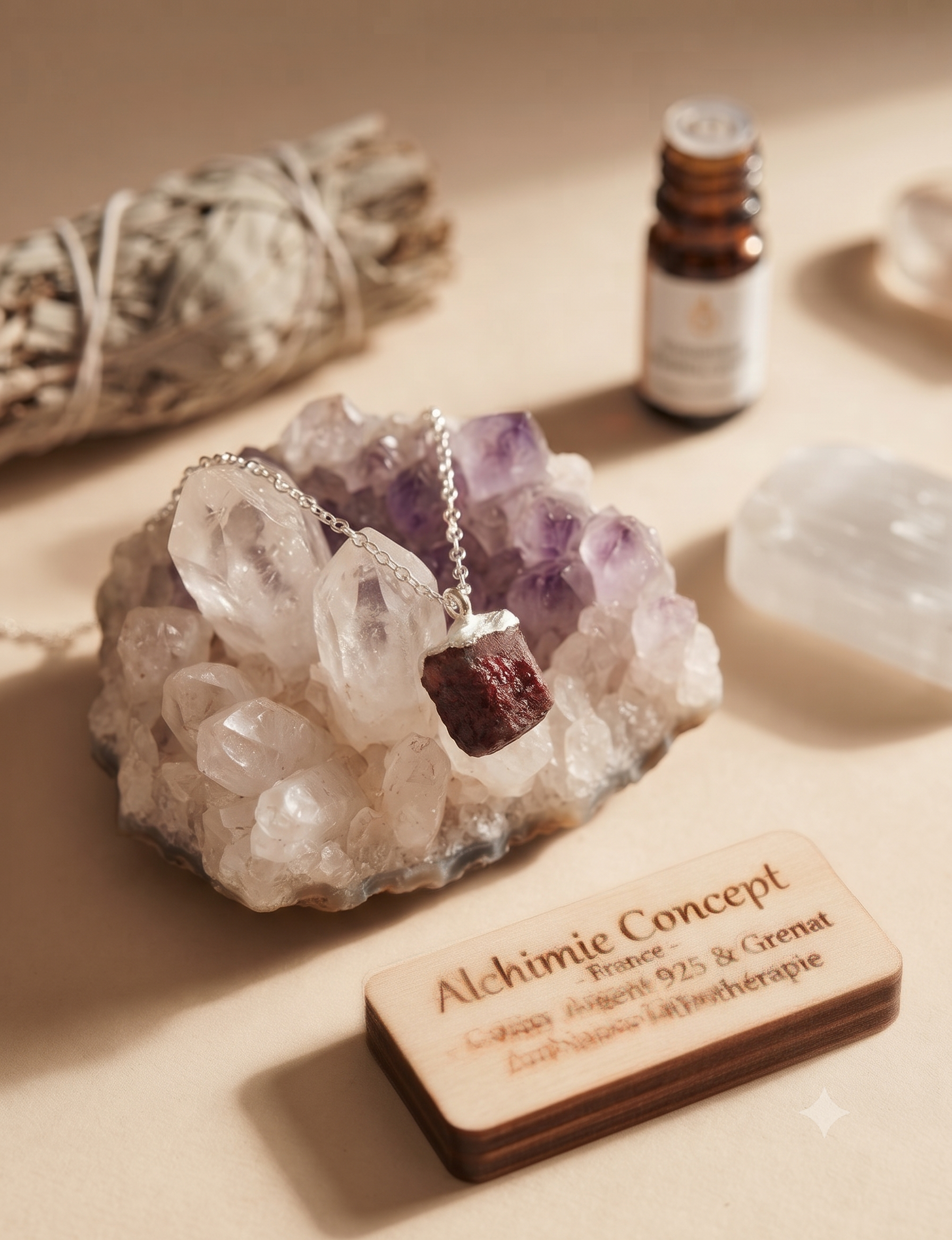 ✨ Collier Argent 925 Poinçon | Cristal Sauvage – Grenat Naturel – Passion Ardente, Vitalité & Force de la Terre