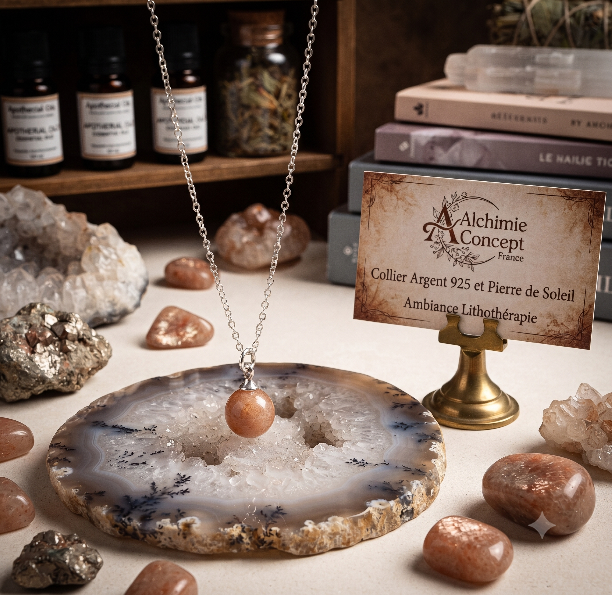 ✨ Collier Argent 925 Poinçon | Pierre de Soleil Naturelle Boule – Joie Rayonnante, Vitalité & Éclat Doré