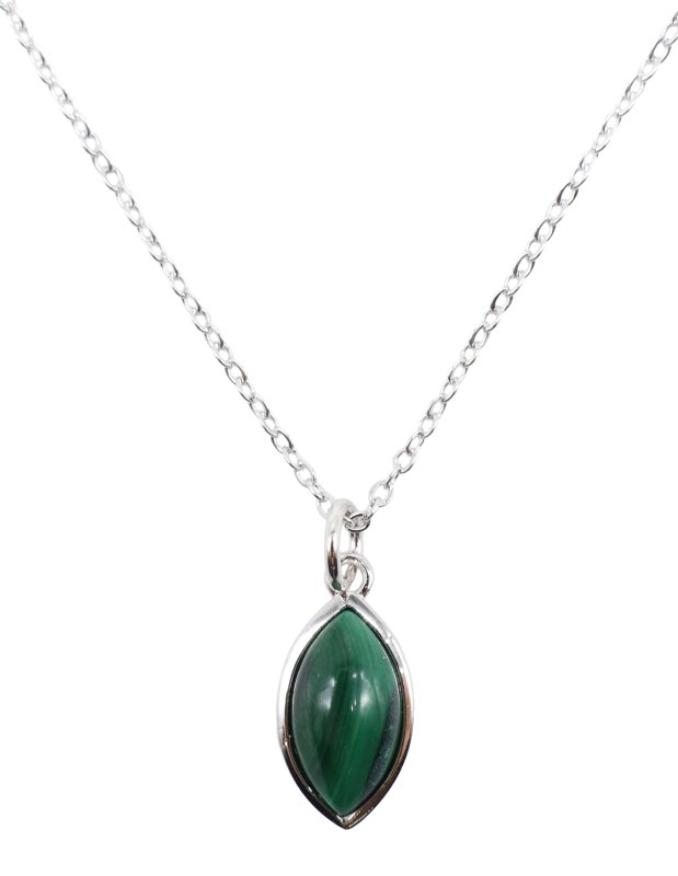 ✨ Collier Argent 925 Poinçon | Larme Argentée – Malachite Naturelle – Transformation, Protection & Tourbillons Verts