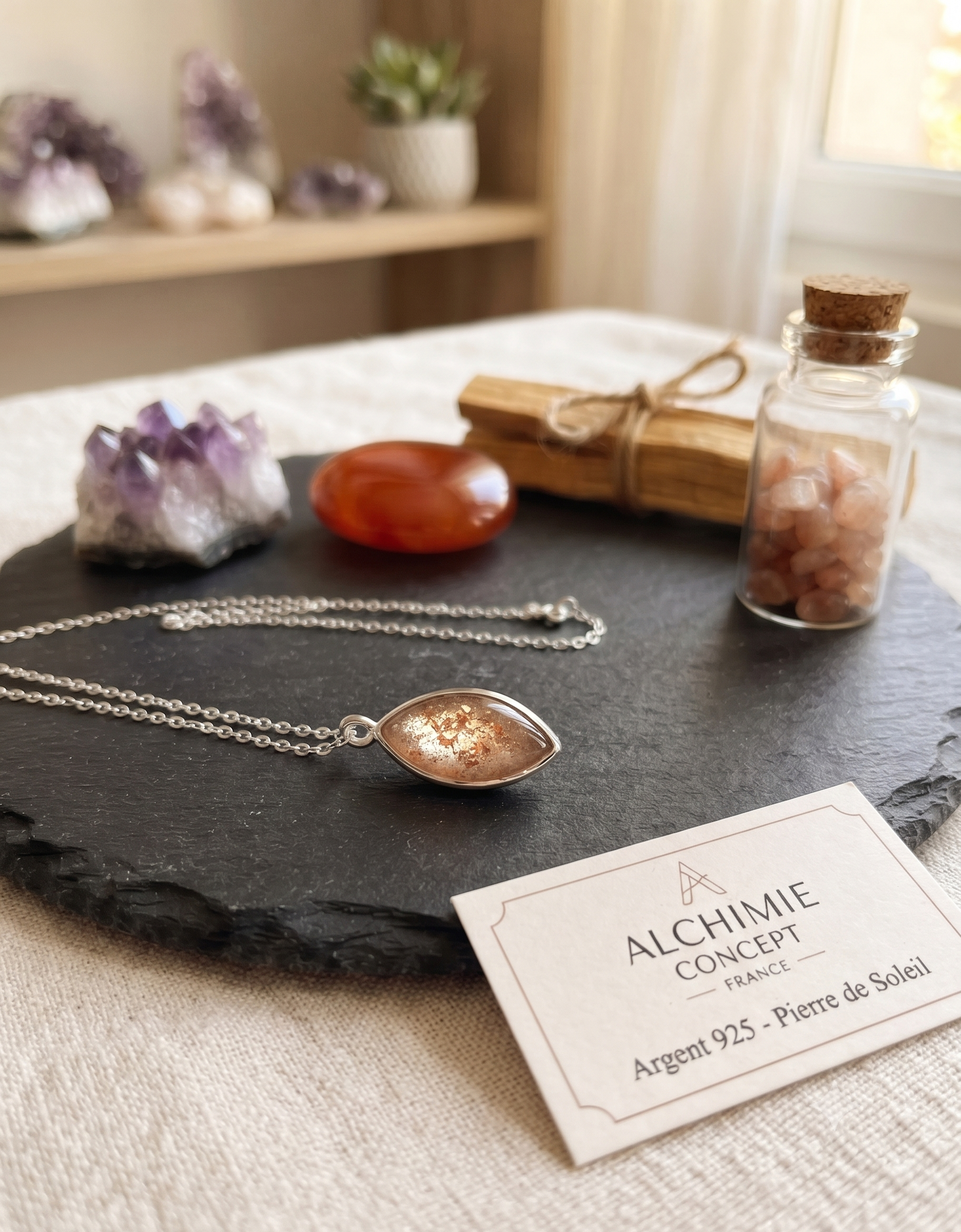 ✨ Collier Argent 925 Poinçon | Larme Argentée – Pierre de Soleil Naturelle – Vitalité, Optimisme & Éclat Doré