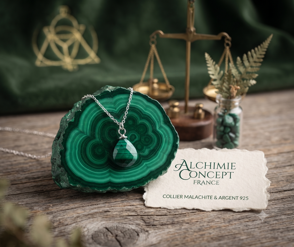 ✨ Collier Malachite Goutte | Argent 925 Poinçon Certifié | Pierre Naturelle Transformation & Protection