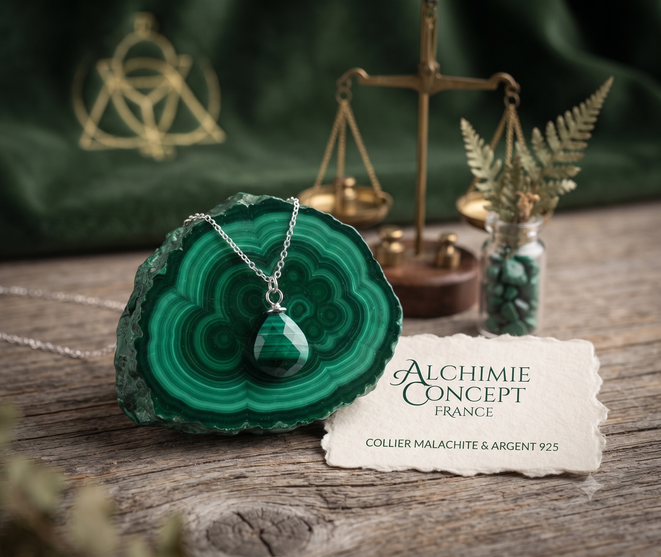 ✨ Collier Malachite Goutte | Argent 925 Poinçon Certifié | Pierre Naturelle Transformation & Protection