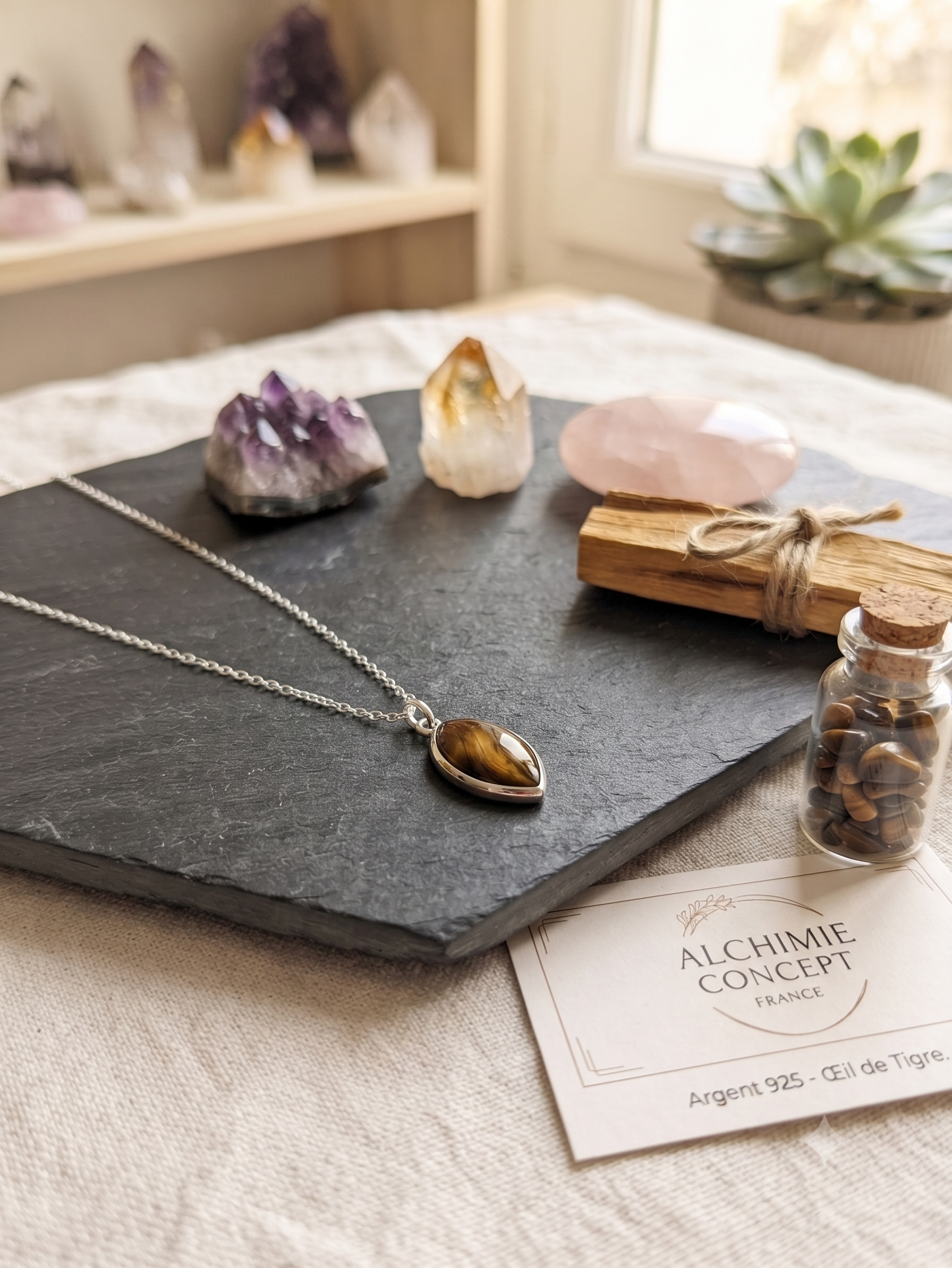 ✨ Collier Argent 925 Poinçon | Larme Argentée – Œil de Tigre Naturel – Courage, Détermination & Force Féline