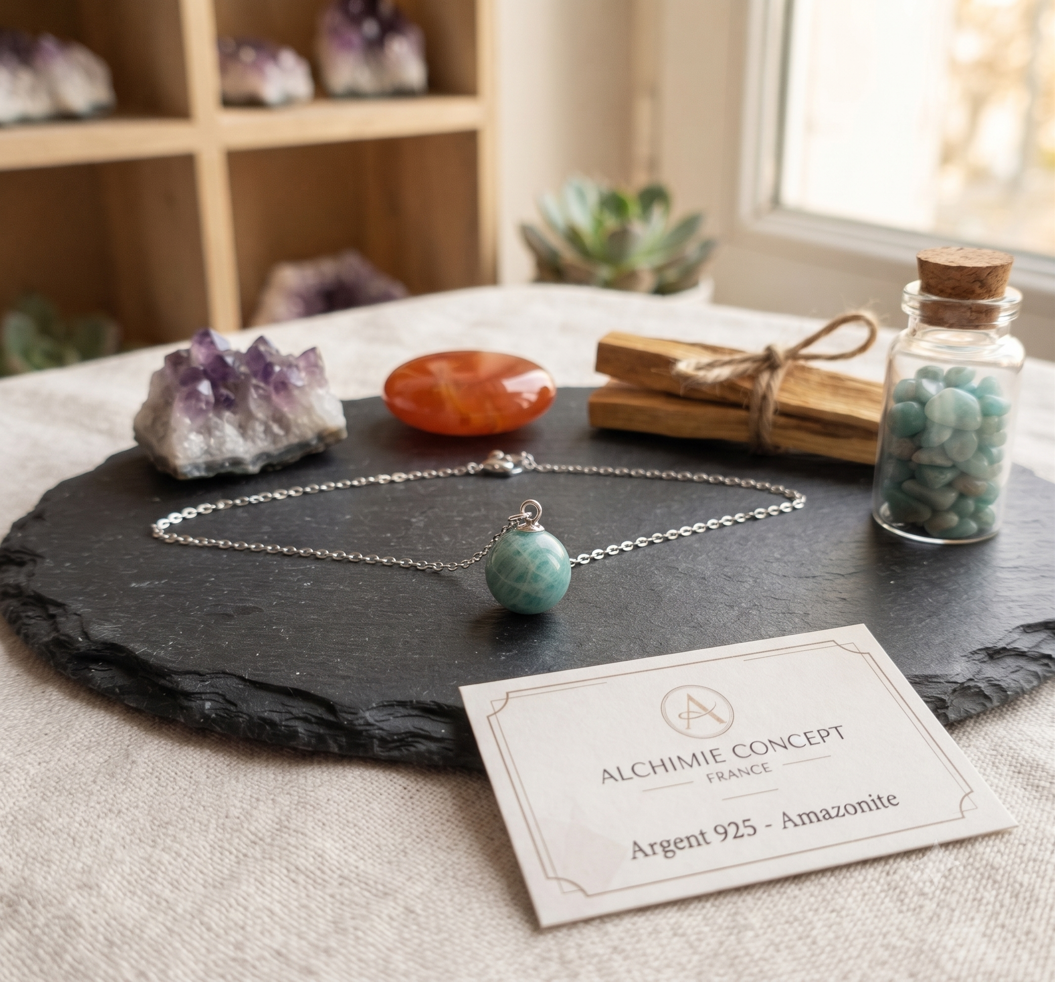 ✨ Collier Argent 925 Poinçon | Amazonite Naturelle Boule – Sérénité, Équilibre & Douceur Tropicale