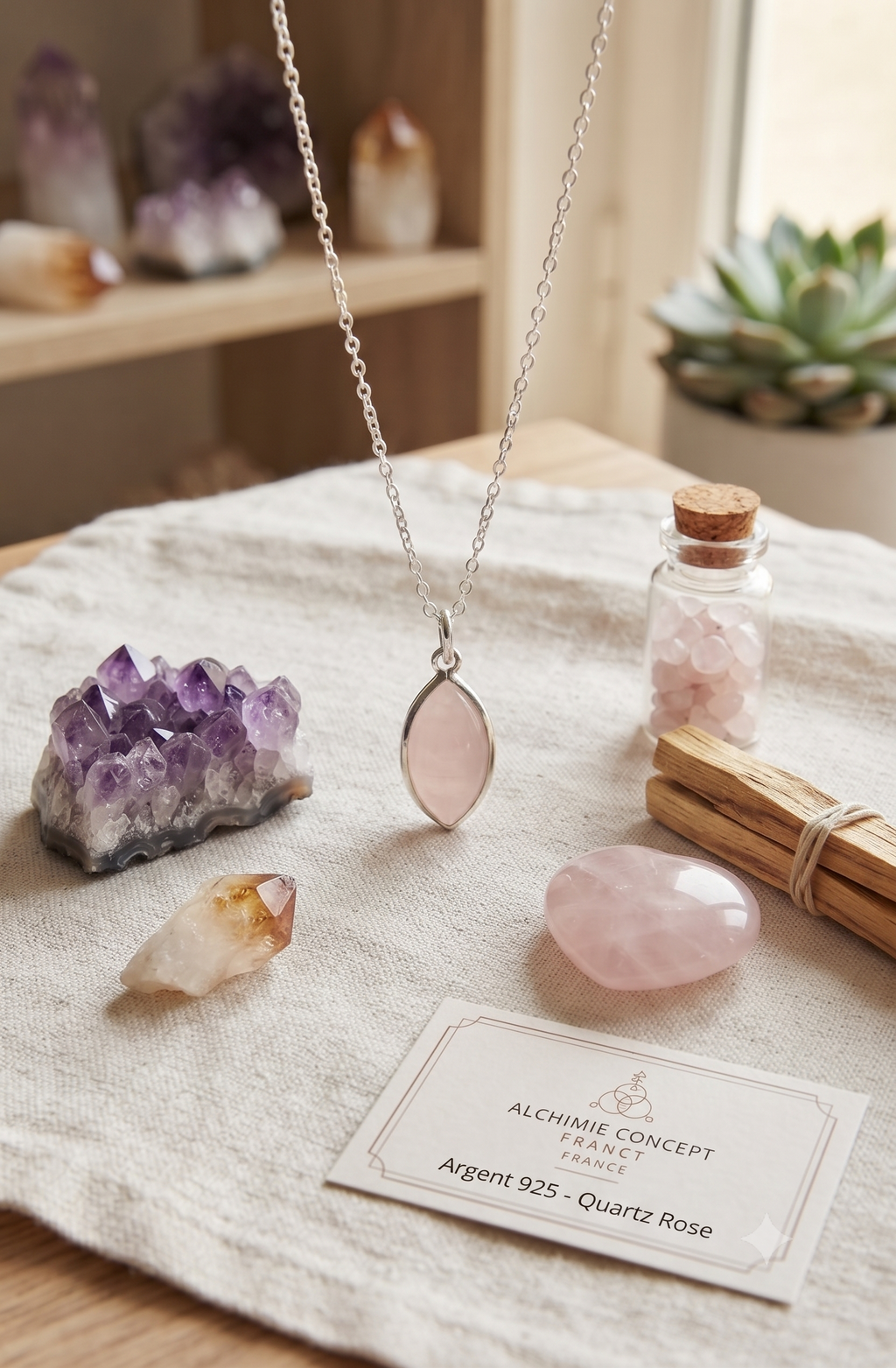 ✨ Collier Argent 925 Poinçon | Larme Argentée – Quartz Rose Naturel – Amour, Douceur & Déclaration Féminine