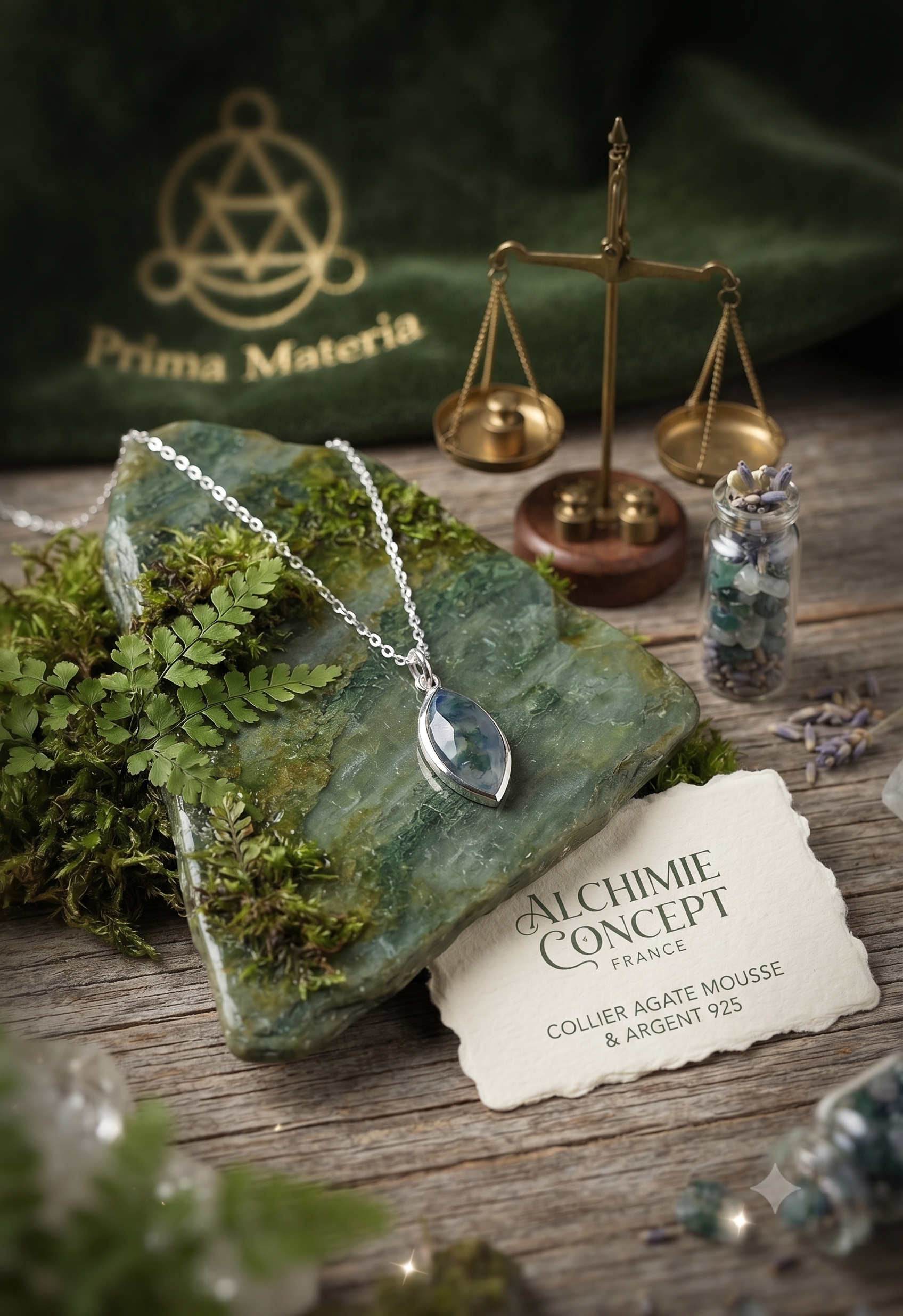 ✨ Collier Agate Mousse Larme | Argent 925 Poinçon Certifié | Pierre Naturelle Croissance & Équilibre