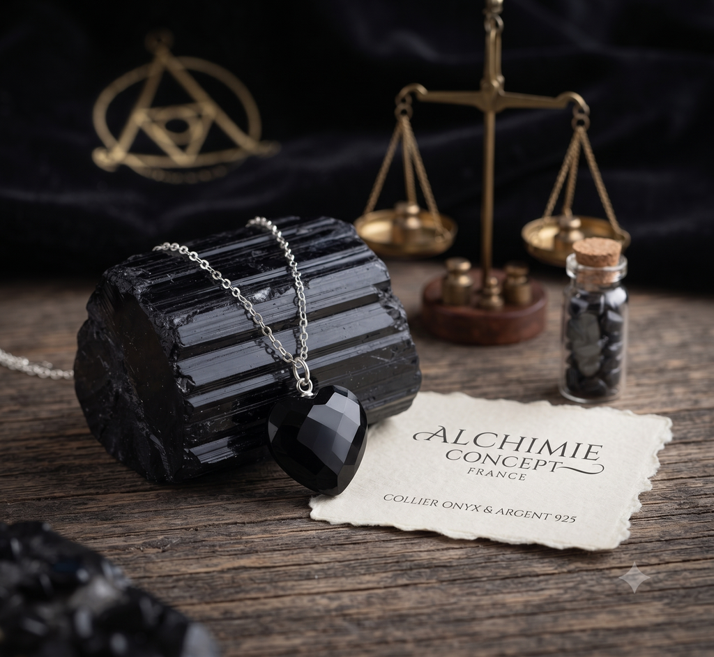 ✨ Collier Onyx Noir Cœur | Argent 925 Poinçon Certifié | Pierre Naturelle Protection & Élégance