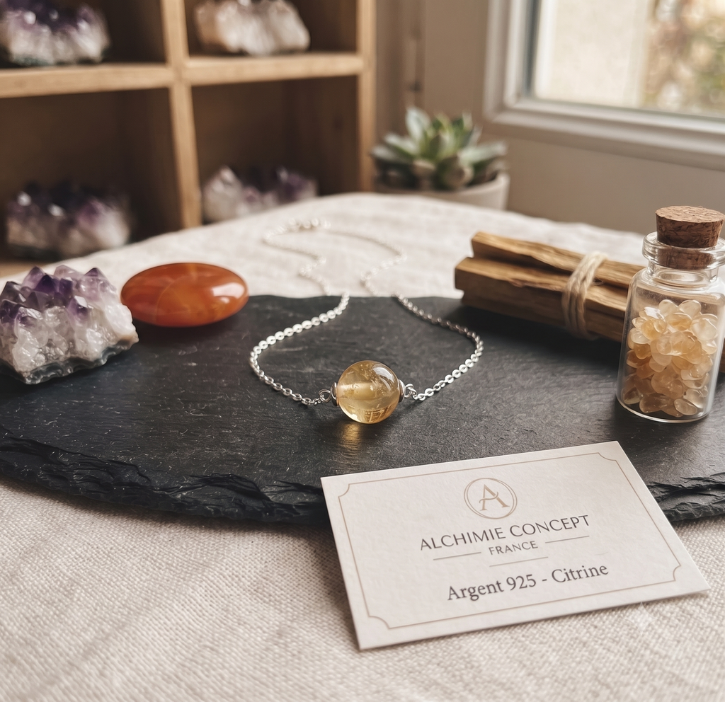 ✨ Collier Argent 925 Poinçon | Citrine Naturelle Boule – Prospérité, Joie & Éclat Doré du Soleil
