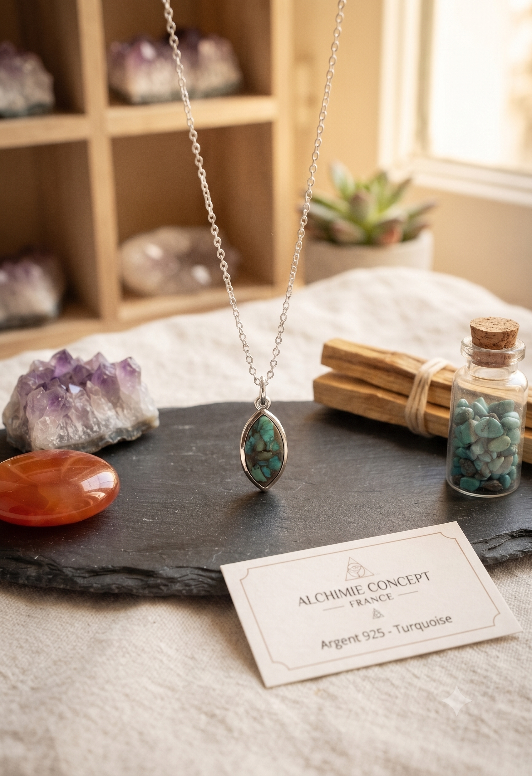 ✨ Collier Argent 925 Poinçon | Larme Argentée – Turquoise Naturelle – Protection, Sérénité & Harmonie Sacrée