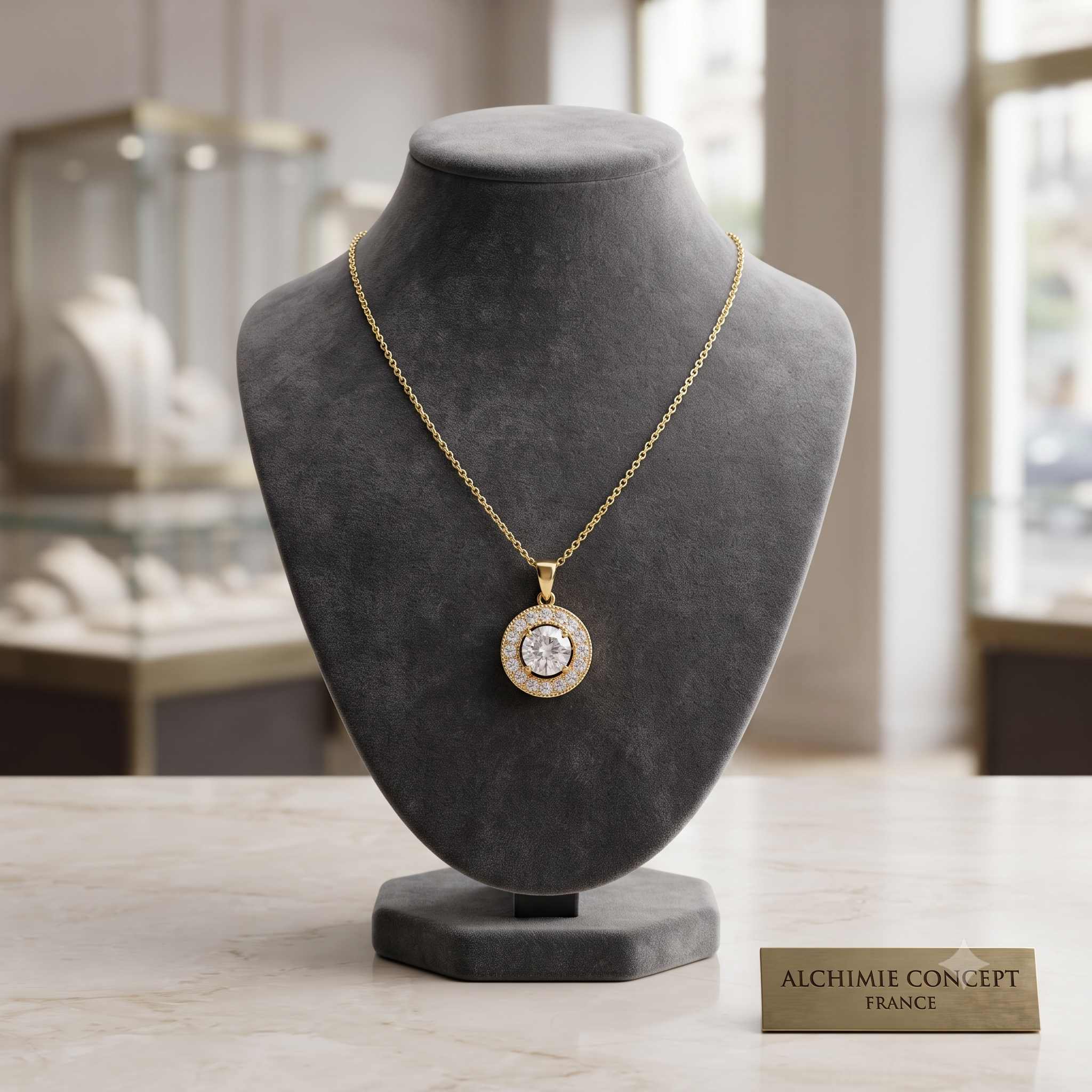 Collier Doré Pendentif Rosace & Zirconiums Sertis – Chaîne 45 cm Plaqué Or 1 Micron