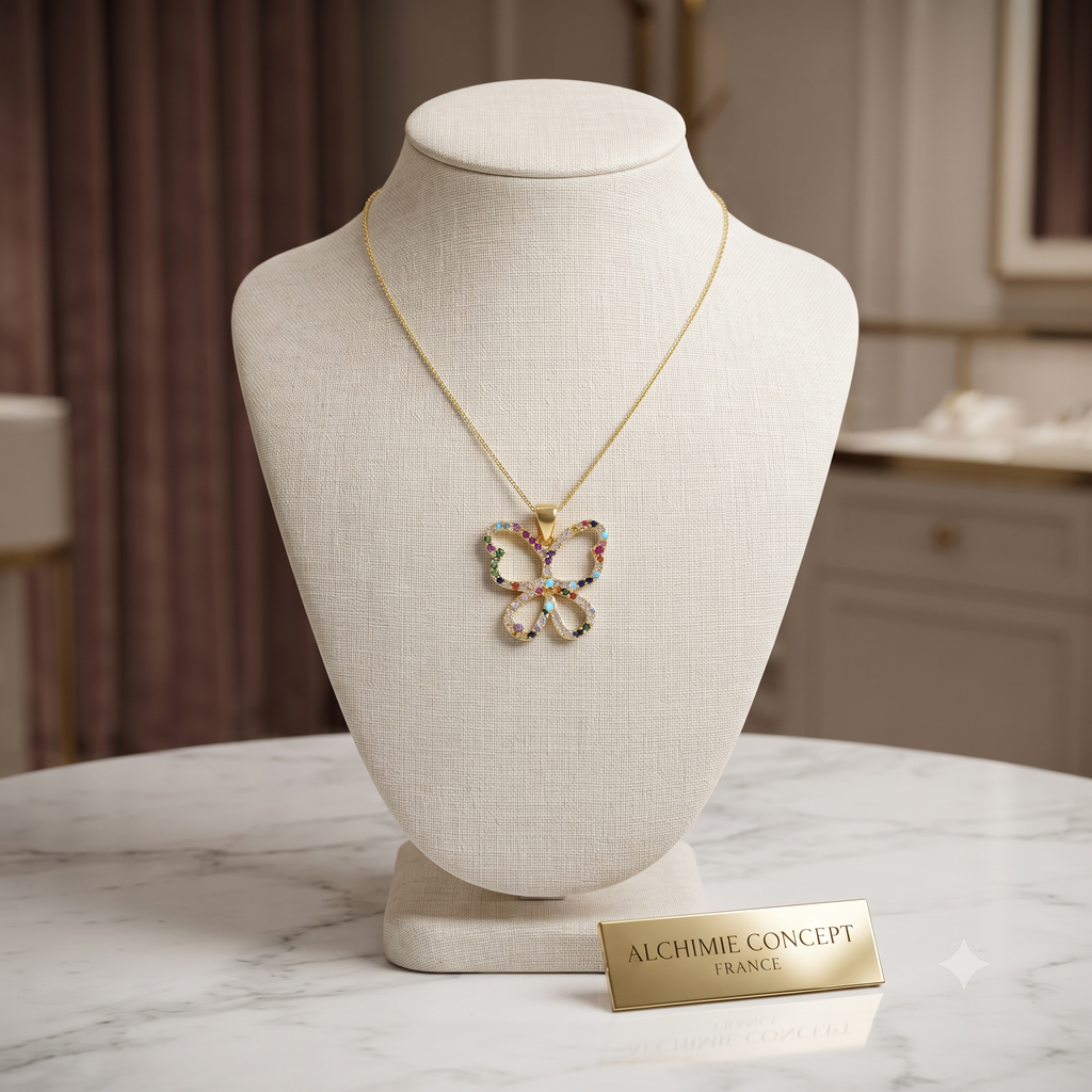 Collier Pendentif Papillon Zirconiums Multicolores Doré – Plaqué Or 1 Micron