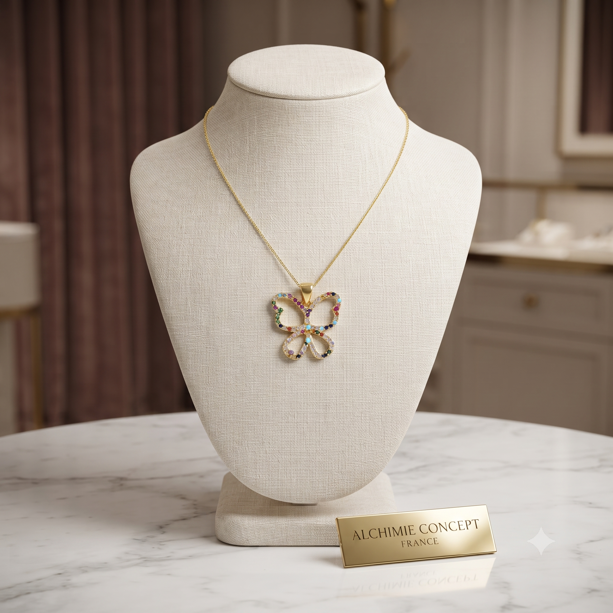 Collier Pendentif Papillon Zirconiums Multicolores Doré – Plaqué Or 1 Micron