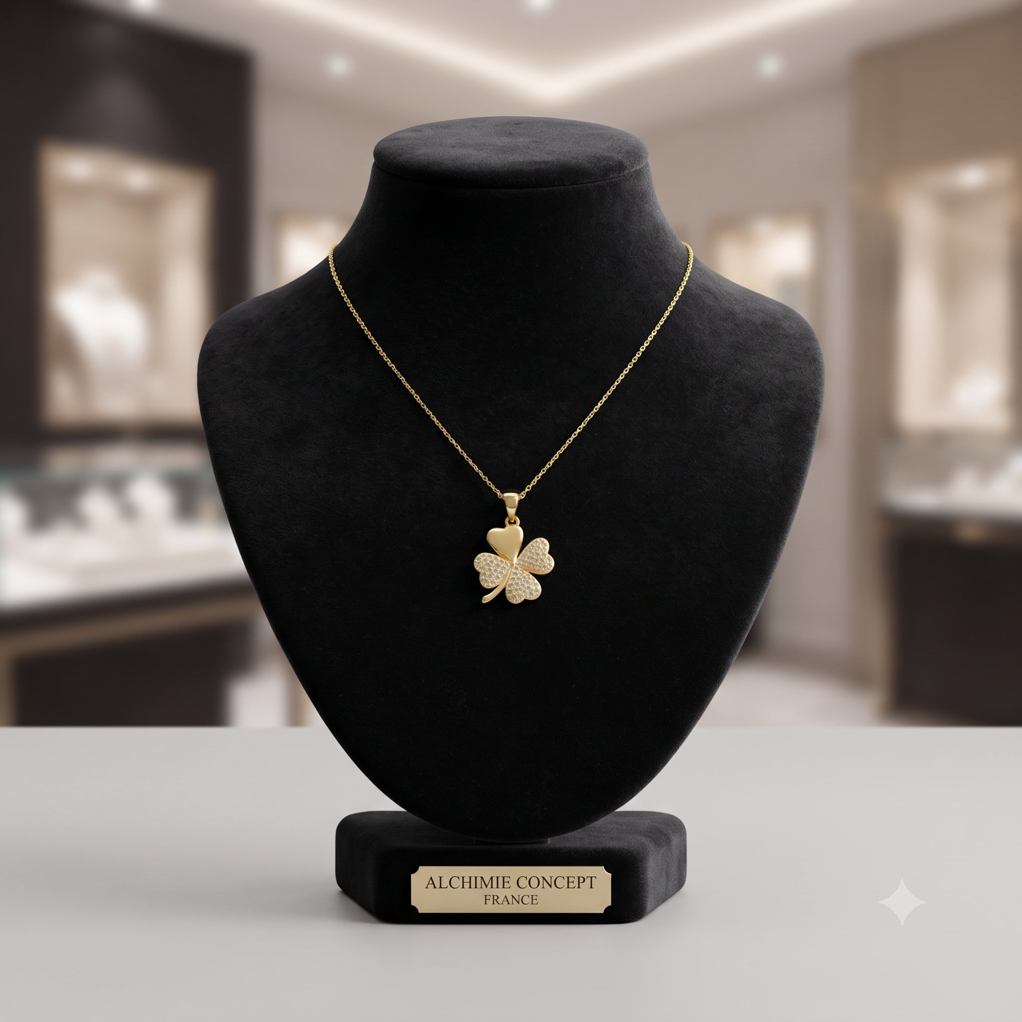 Collier Doré Pendentif Trèfle Zirconiums – Chaîne 45 cm | Bijou Porte-Bonheur