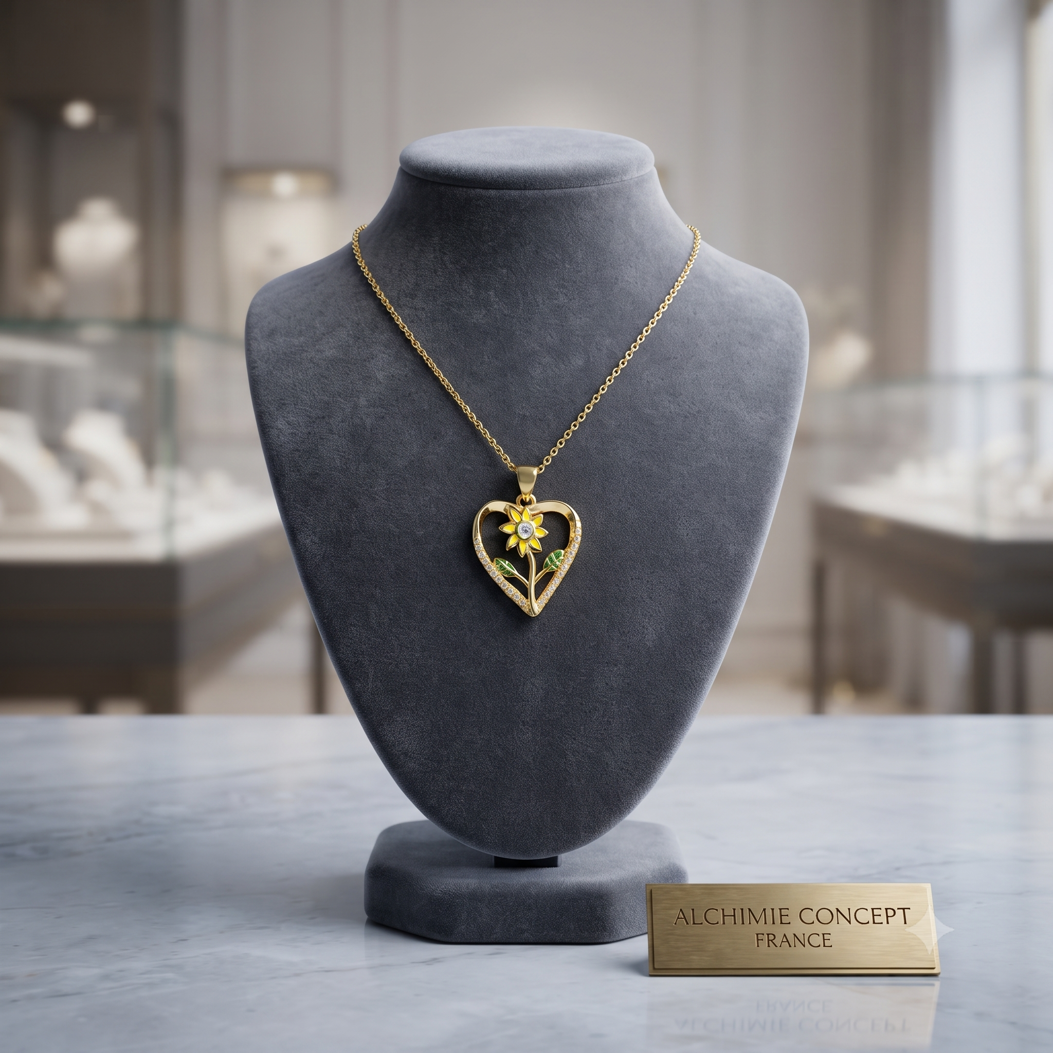 Collier Doré Pendentif Fleur dans un Cœur & Zirconiums Sertis – Chaîne 45 cm Plaqué Or 1 Micron