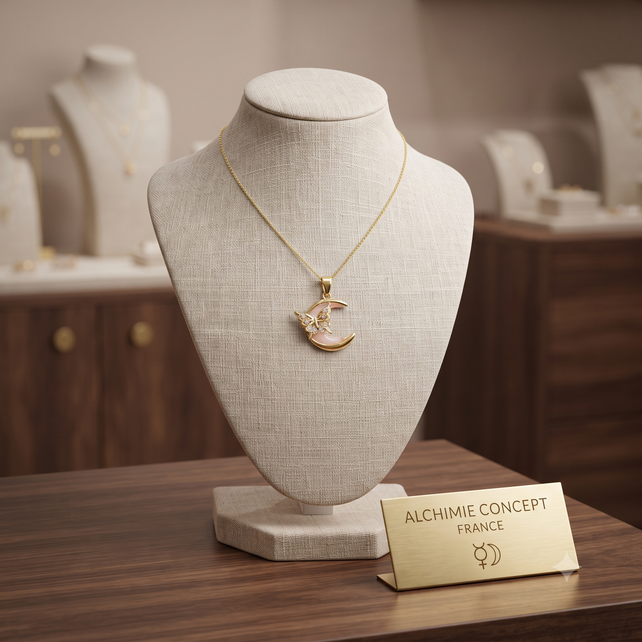 Collier Pendentif Lune & Papillon Zirconiums Sertis – Plaqué Or 1 Micron