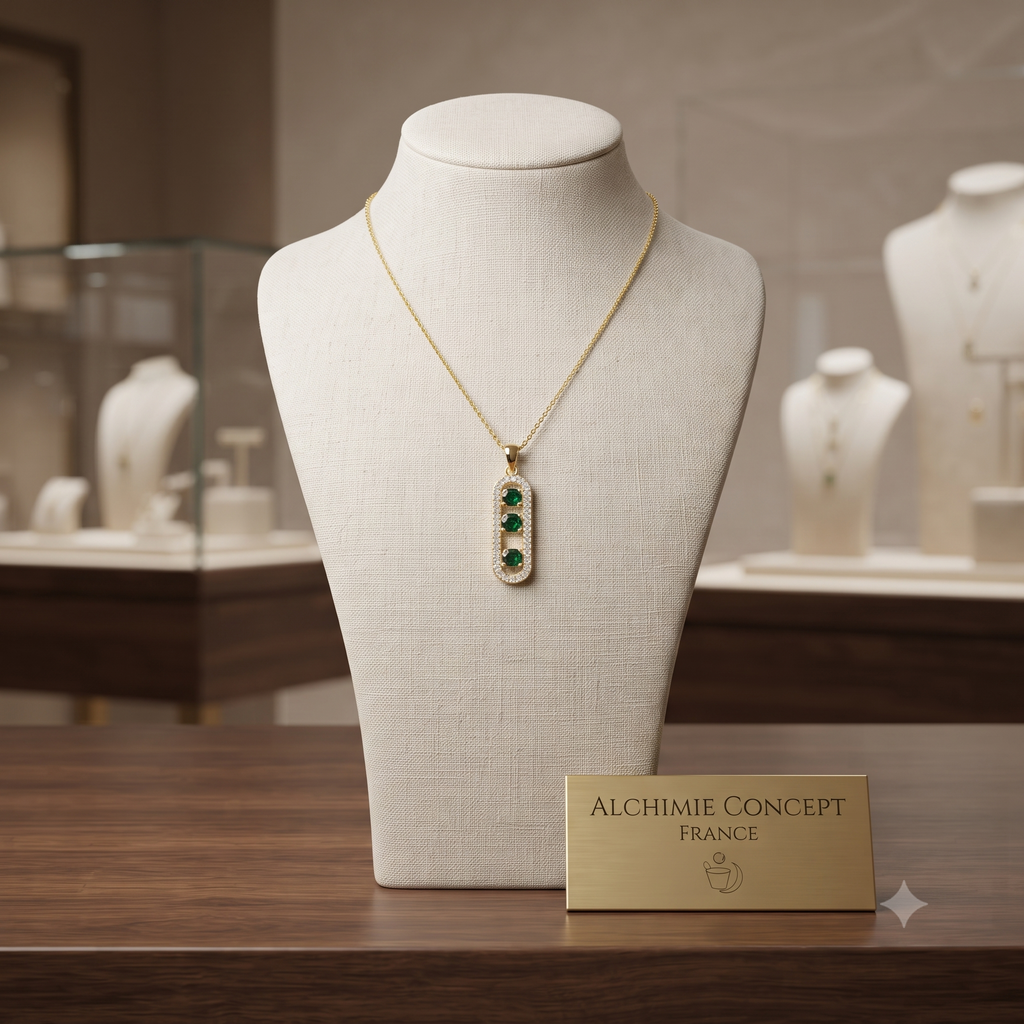 Collier Pendentif Danseuse 3 Zirconiums Verts Émeraude Doré – Plaqué Or 1 Micron | Bijou Femme