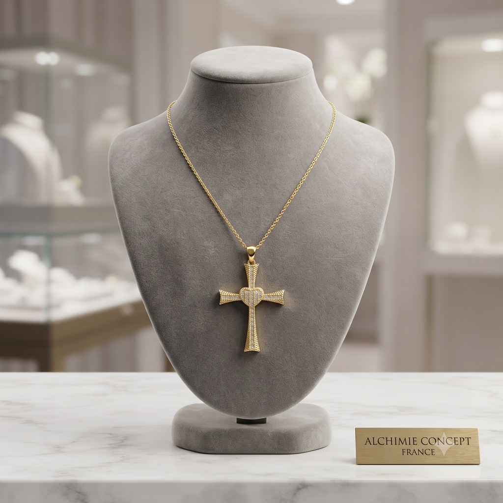 Collier Doré Pendentif Croix avec Cœur & Zirconiums Sertis – Chaîne 45 cm Plaqué Or 1 Micron