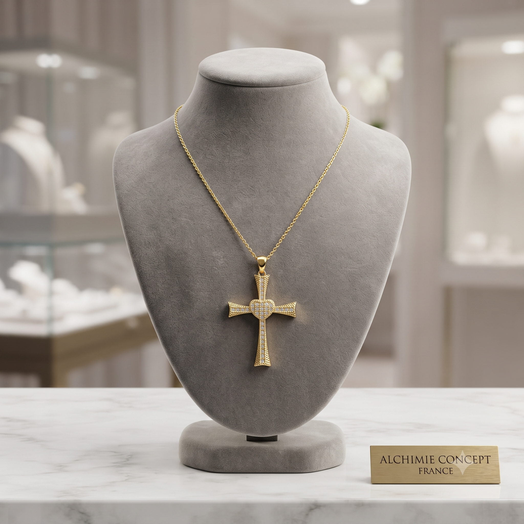 Collier Doré Pendentif Croix avec Cœur & Zirconiums Sertis – Chaîne 45 cm Plaqué Or 1 Micron