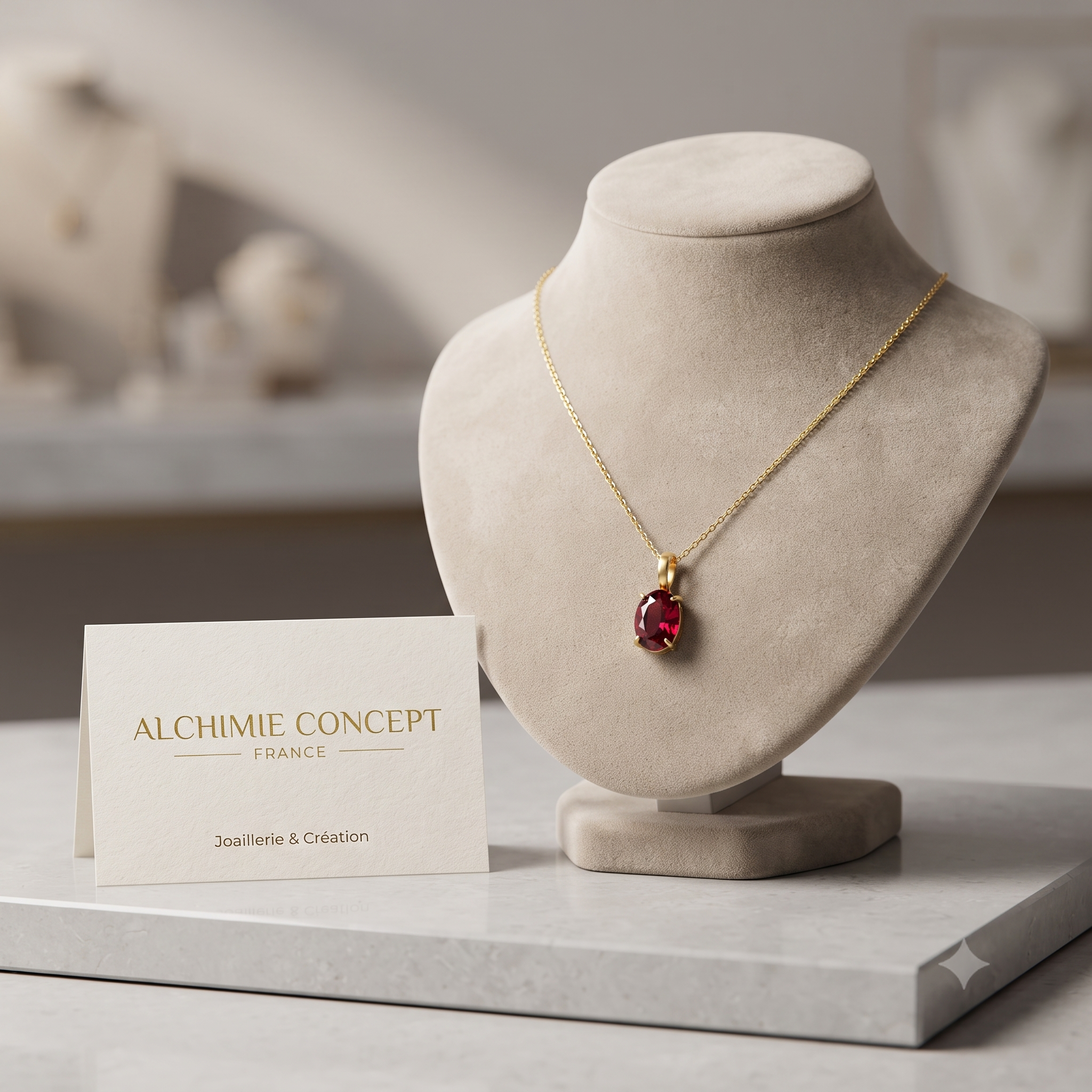Collier Pendentif Solitaire Zirconium Rouge Fushia Serti Doré – Plaqué Or 1 Micron