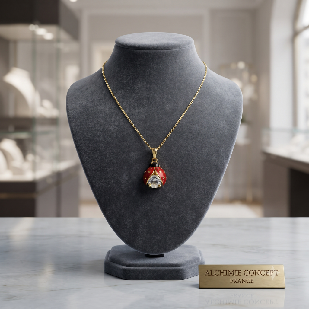 Collier Doré Pendentif Coccinelle Zirconiums Blancs – Chaîne 45 cm | Bijou Porte-Bonheur