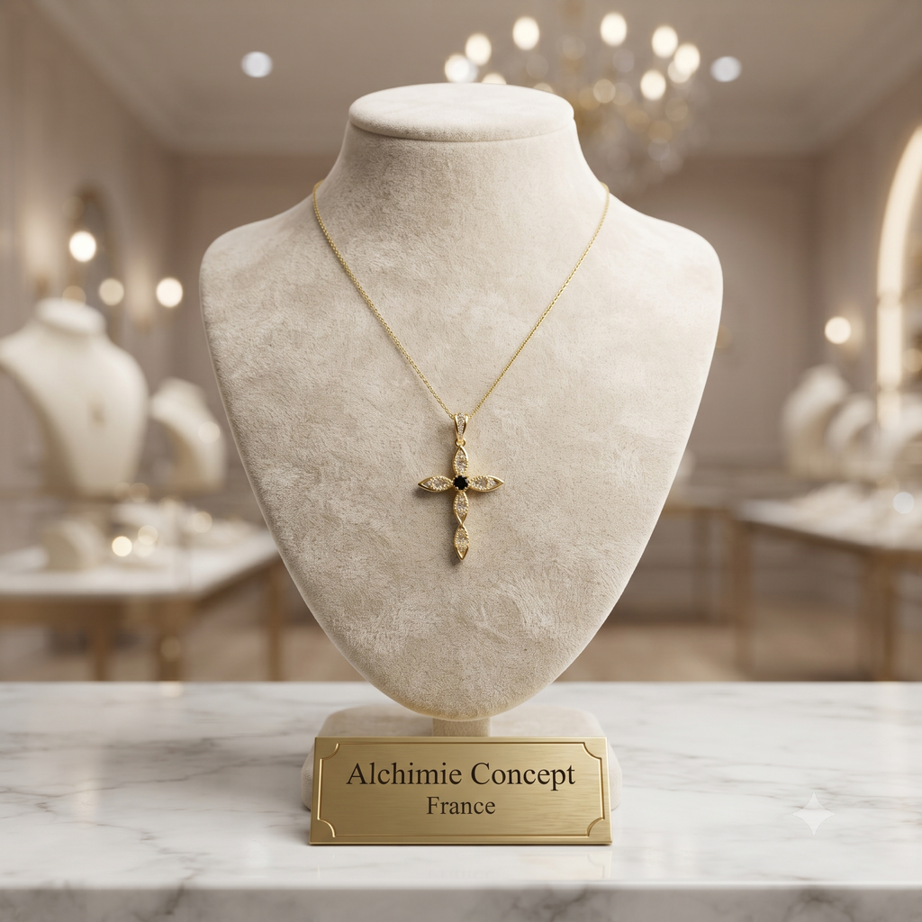 ✝️ Collier Doré Pendentif Croix Zirconiums Blanc & Noir Sertis | Chaîne 45cm | Plaqué Or 1 Micron