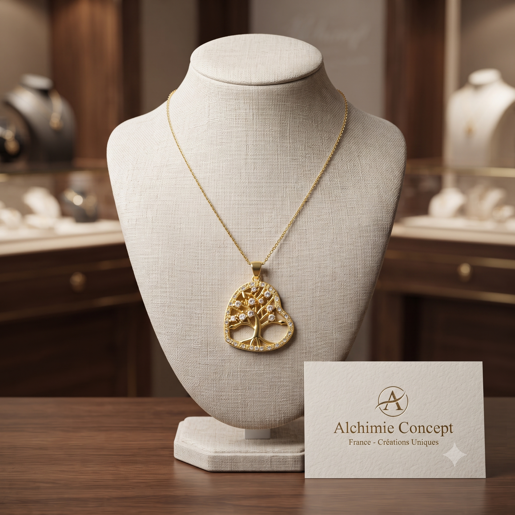 Collier Doré Arbre de Vie Cœur – Zirconiums Blancs Sertis | Bijou Épuré & Élégant