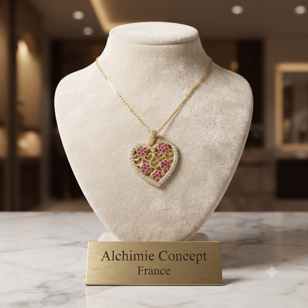 Collier Pendentif Cœur Zirconiums Fushia Sertis Doré – Plaqué Or 1 Micron | Bijou Femme