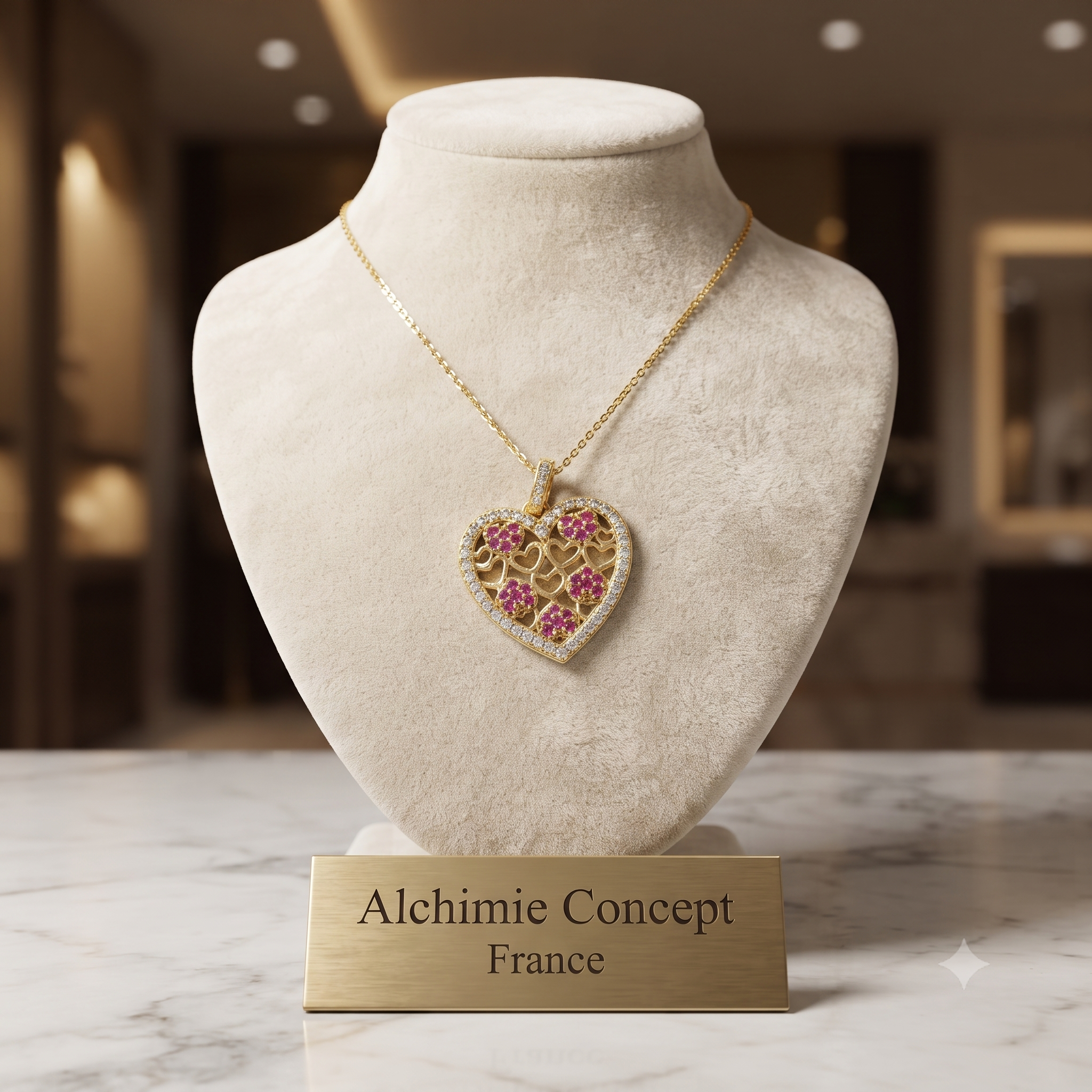 Collier Pendentif Cœur Zirconiums Fushia Sertis Doré – Plaqué Or 1 Micron | Bijou Femme