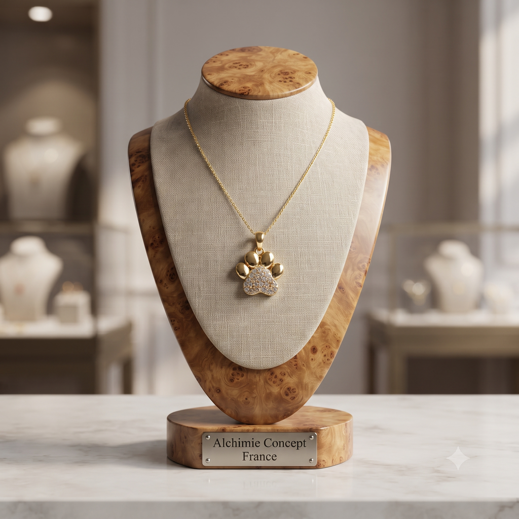 Collier Doré Empreinte Chien Chat – Pendentif Cœur Zirconiums Sertis