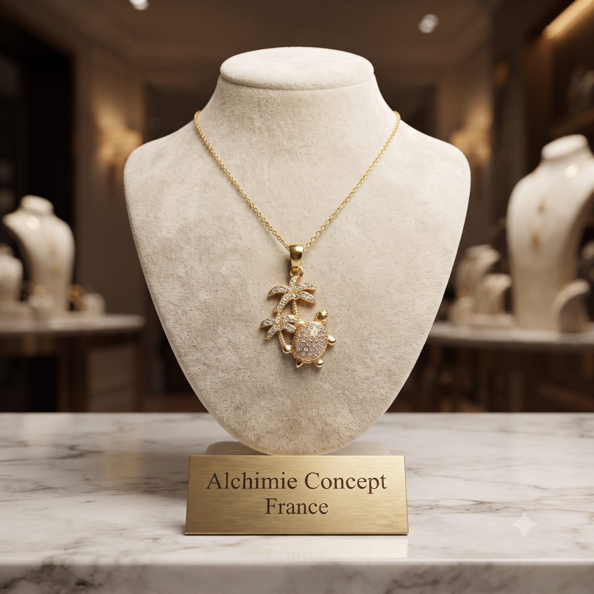 Collier Pendentif Tortue Palmiers Zirconiums Étincelants Doré – Plaqué Or 1 Micron | Bijou Exotique