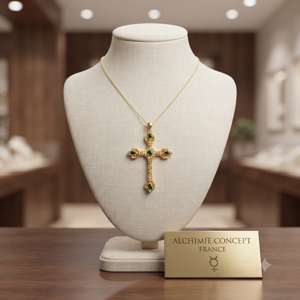 Collier Pendentif Croix Verte Zirconiums Sertis – Plaqué Or 1 Micron
