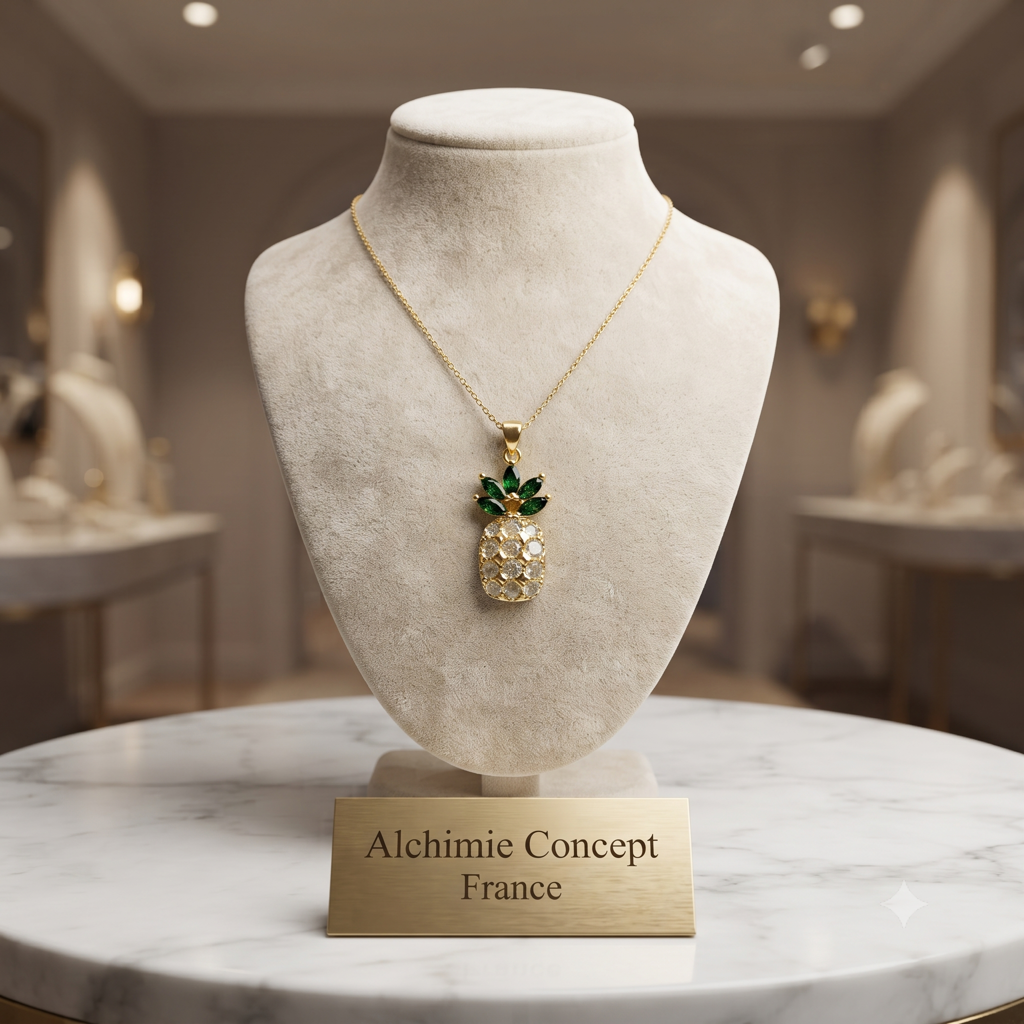 Collier Pendentif Ananas Oxydes Verts Scintillants Doré – Plaqué Or 1 Micron | Bijou Femme Chic